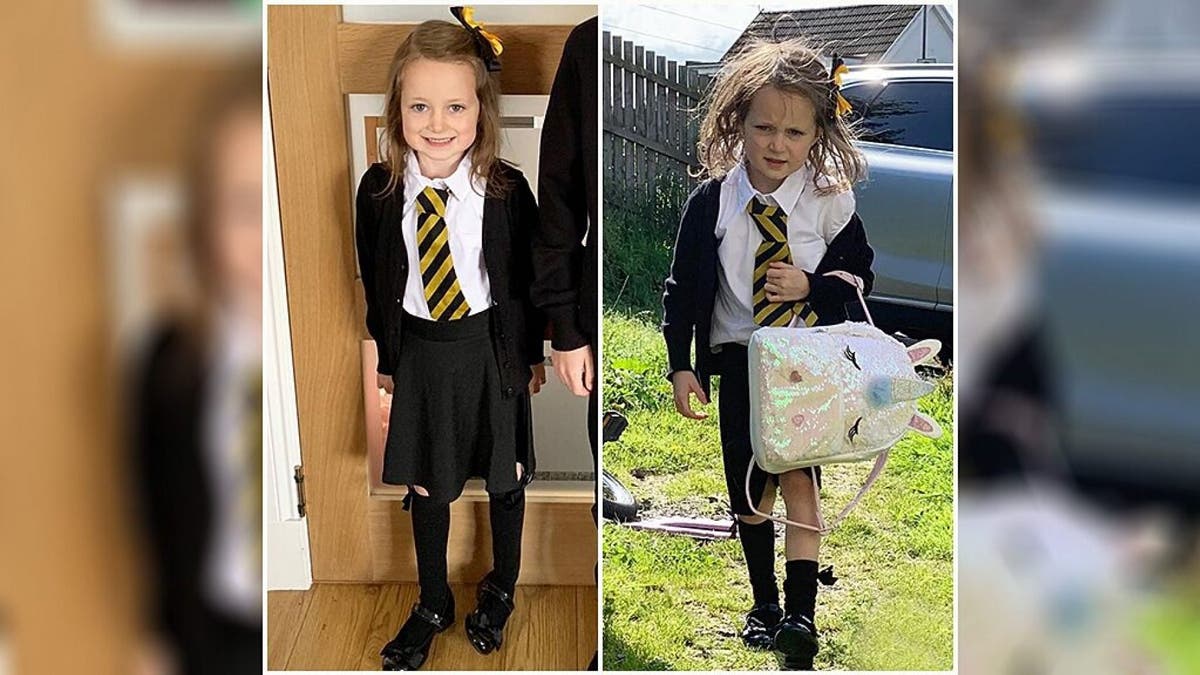 One adorably frazzled picture taken after a five-year-old girl’s first day back at school has gone massively viral on Facebook, though her mother is still mystified as to how the youngster got so messy in the first place. (Courtesy of Barrhead News)