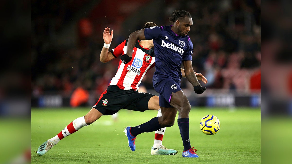 West Ham United's Michail Antonio, right, plays against Southampton earlier this month in the English Premier League