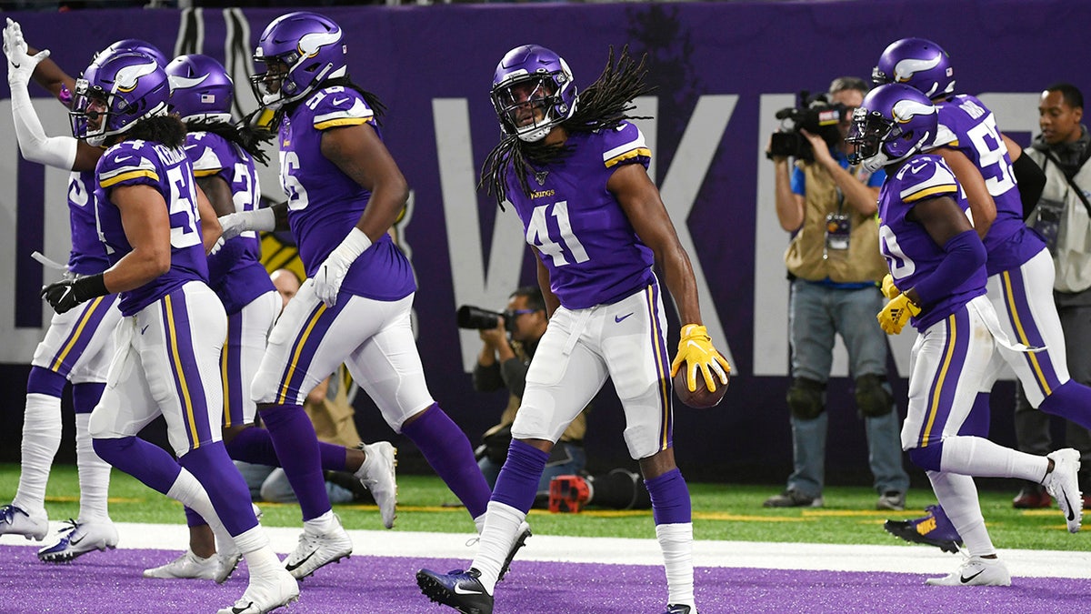 Minnesota Vikings defensive back Anthony Harris (41) celebrates after intercepting a Green Bay Packers pass during the first half of an NFL football game Monday, Dec. 23, 2019, in Minneapolis. (AP Photo/Craig Lassig)