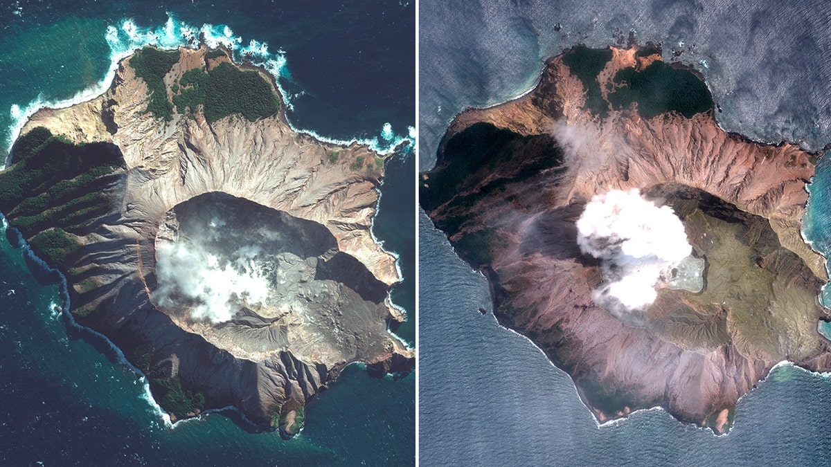 In this combo made from two satellite images taken May 12, 2019, left, and Dec. 11, 2019, right, by Maxar Technologies steam rises from the volcano on White Island off the coast of Whakatane, New Zealand.