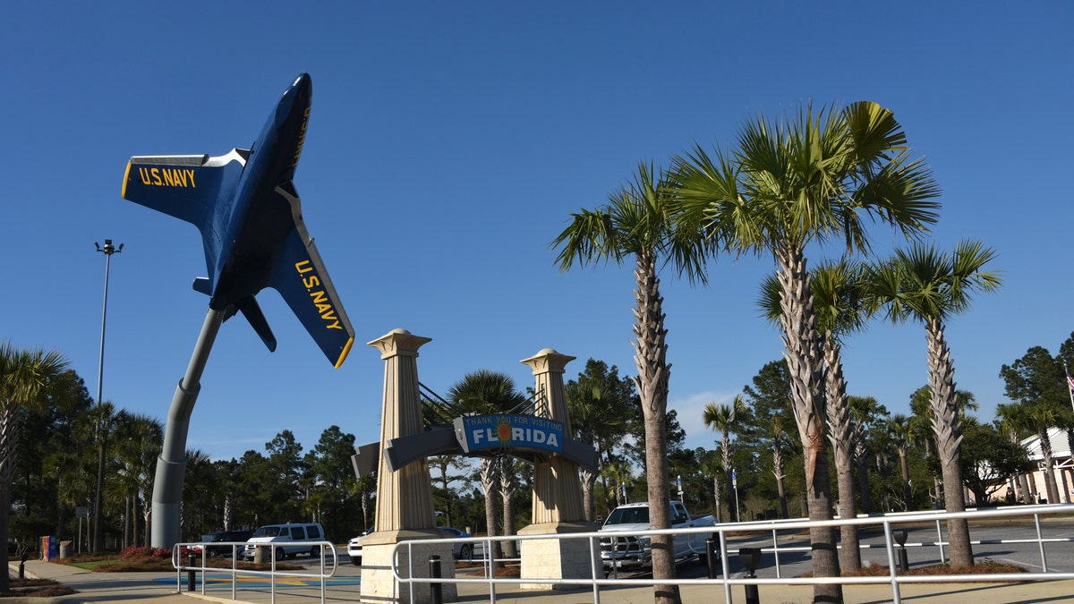 Welcome to Florida, the first rest stop on Highway 10 has a Blue Angel US Navy Jet on display March 19, 2019 Highway 10, Pensacola , Florida - file photo.