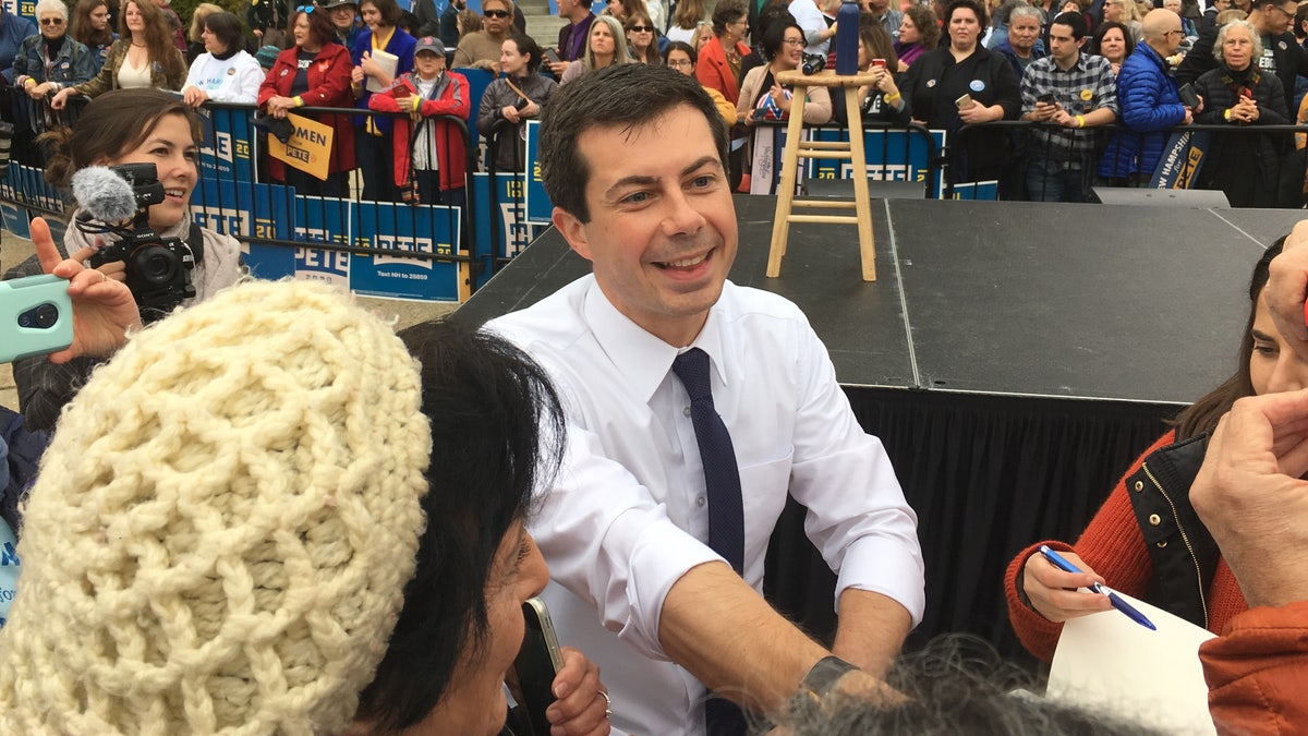 Democratic presidential candidate and South Bend, Indiana Mayor Pete Buttigieg shakes hands with voters after filing to place his name on New Hampshire's primary ballot, in Concord, NH on Oct. 30, 2019