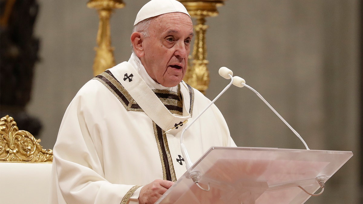 Pope Francis celebrates Christmas Eve Mass in St. Peter's Basilica at the Vatican, Tuesday, Dec. 24, 2019. (AP Photo/Alessandra Tarantino)