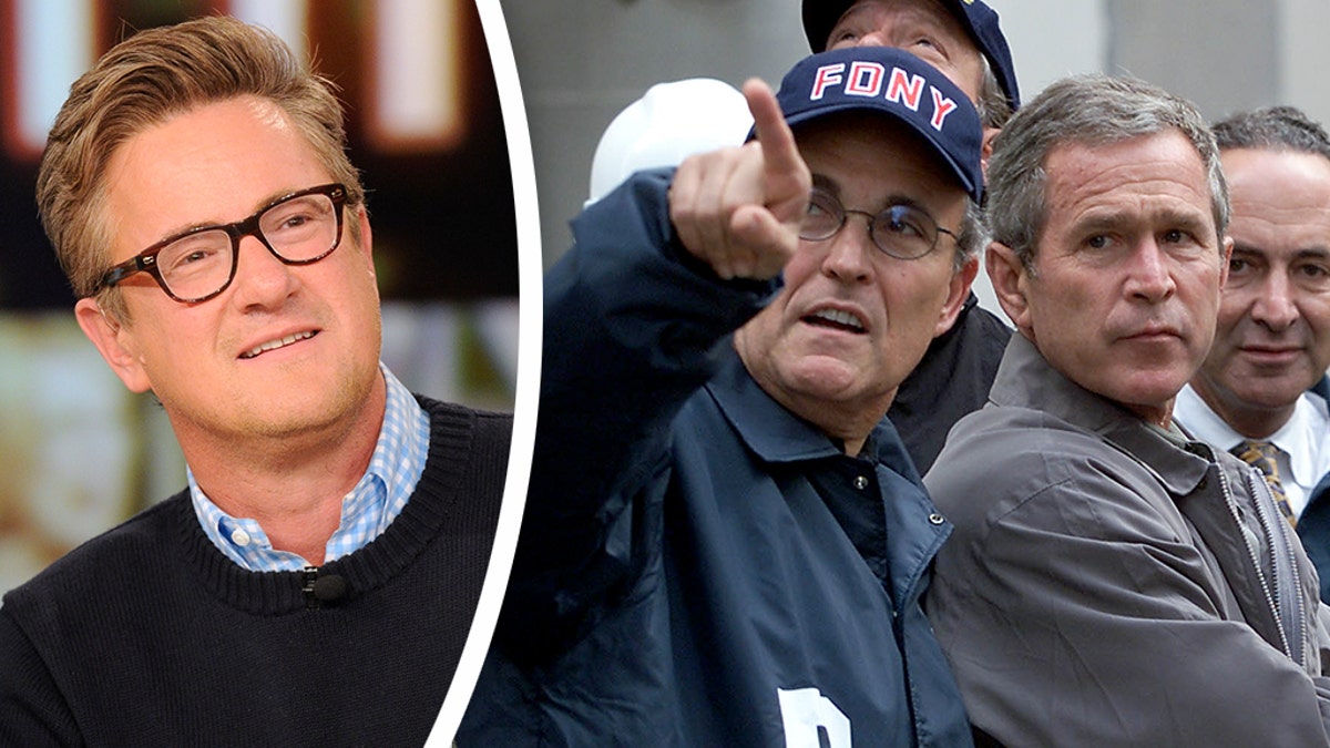 MSNBC host Joe Scarborough, left, jumped to the defense of former New York City Mayor Rudy Giuliani, seen at right with President George W. Bush, for his handling of the 9/11 attack response.