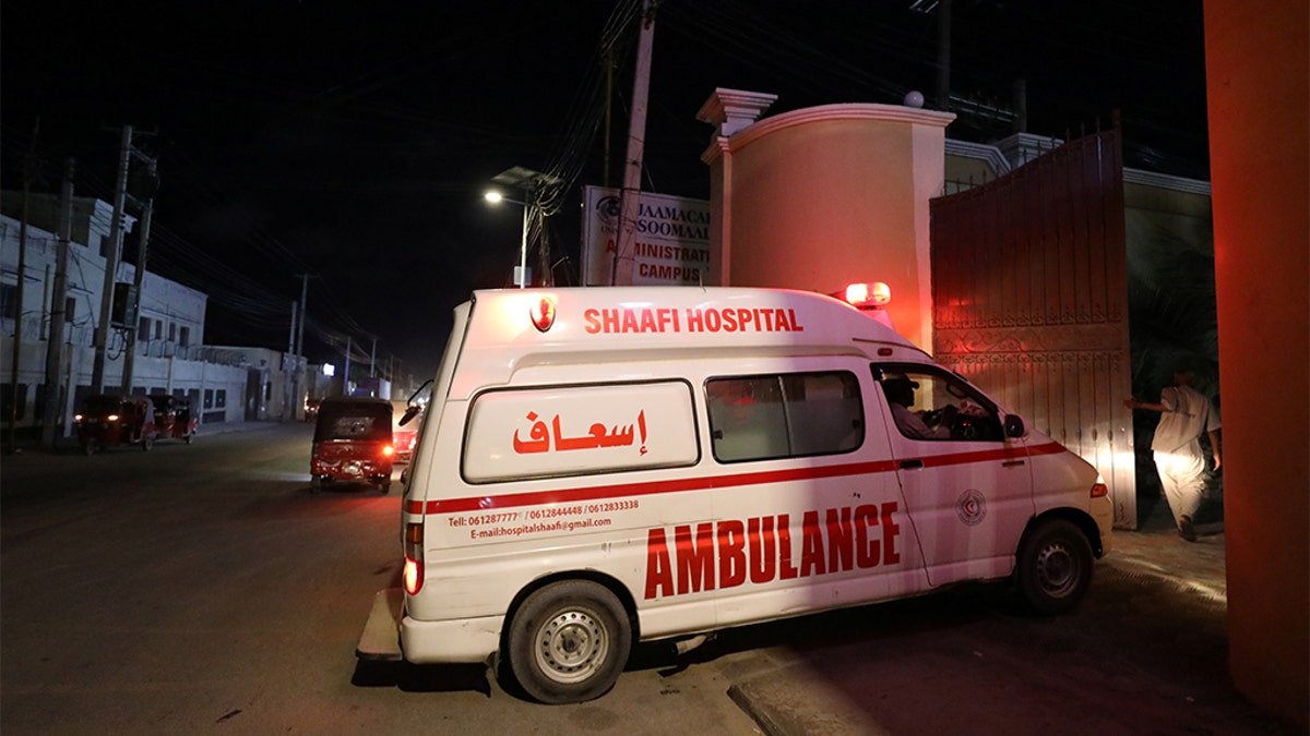An ambulance carrying an injured person from an attack by Al-Shabab gunmen on a hotel near the presidential residence arrives to the Shaafi hospital in Mogadishu, Somalia December 10, 2019. (REUTERS/Feisal Omar)​​​​​​​