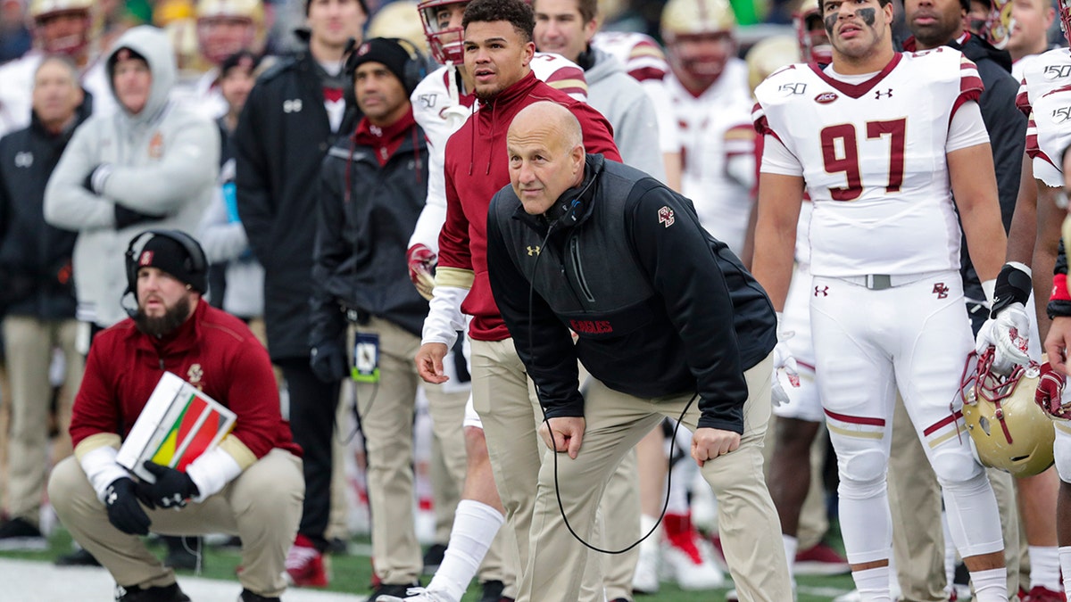 Boston College head coach Steve Addazio watches his team from the sideline as his team played against Notre Dame during the first half of an NCAA college football game in South Bend, Ind., Saturday, Nov. 23, 2019. Notre Dame defeated Boston College 40-7. (AP Photo/Michael Conroy)