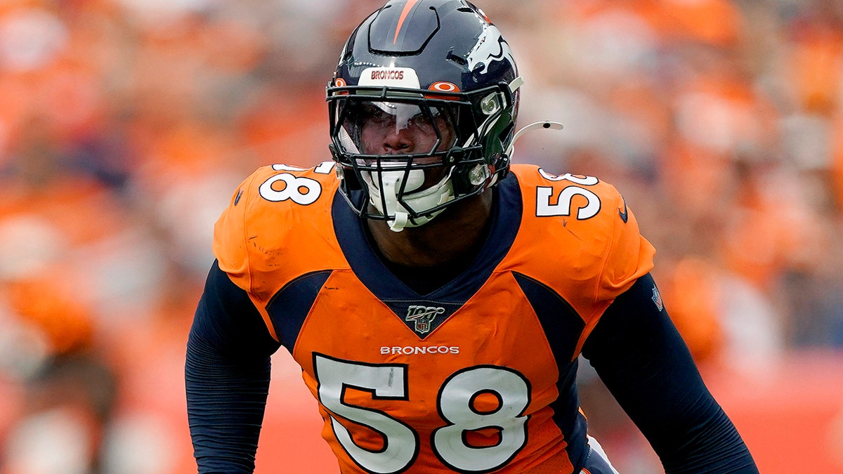 FILE - In this Sunday, Sept. 15, 2019 file photo, Denver Broncos outside linebacker Von Miller (58) lines up against the Chicago Bears during the second half of an NFL football game in Denver. (AP Photo/Jack Dempsey, File)