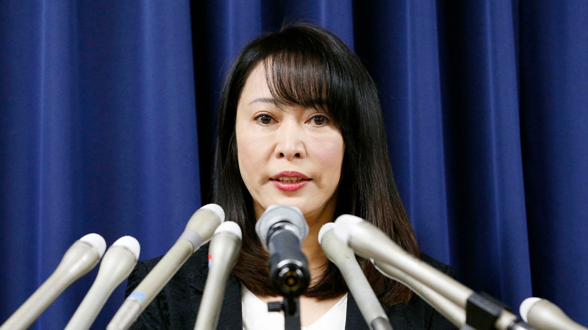 Japan's Minister of Justice Masako Mori speaks at a press conference on the execution of a convict Thursday, Dec. 26, 2019, in Tokyo. J (Kyodo News via AP)