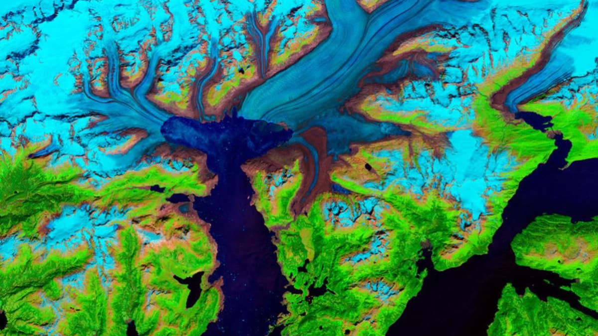 This false-color image of Alaska's Columbia glacier was taken in July 2014.