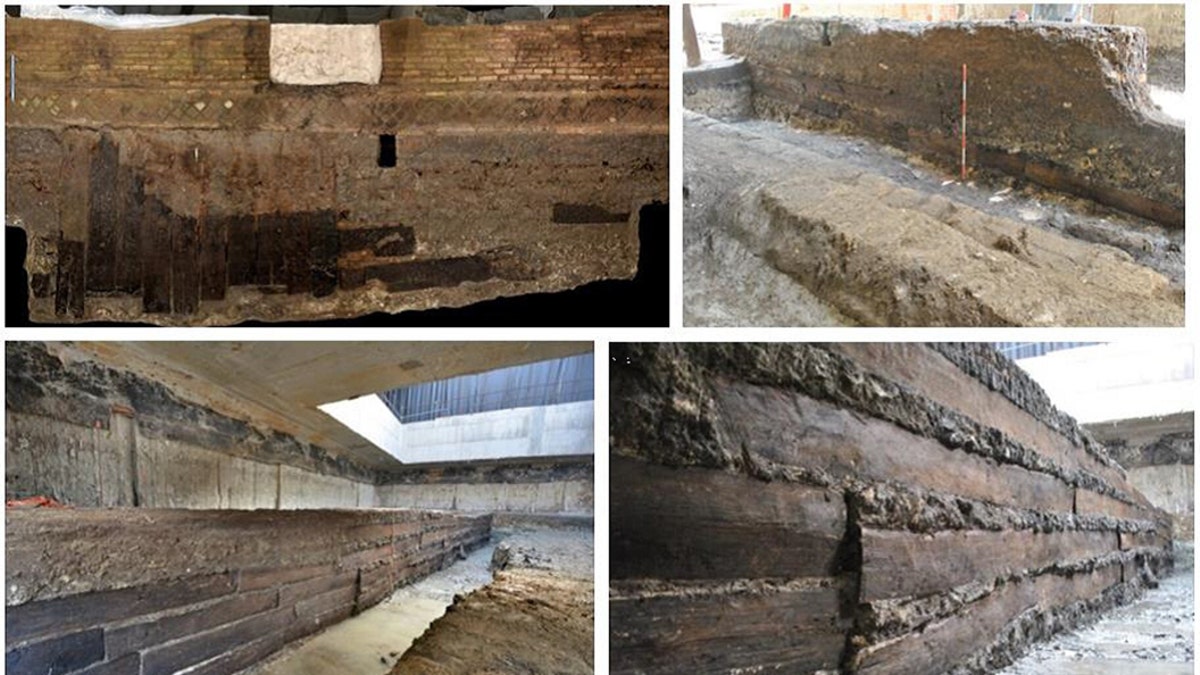 Some of the oak planks in situ in the foundation of the portico. (Credit: Bernabei at al., 2019)