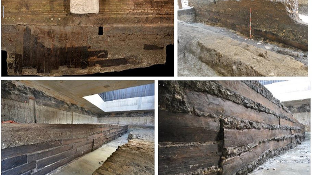 Some of the oak planks in situ in the foundation of the portico. (Credit: Bernabei at al., 2019)