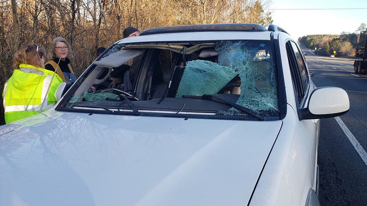 A deer that ran out of the woods and ran into a woman's vehicle Thursday morning in Jones County, Ga., shattered the front windshield.