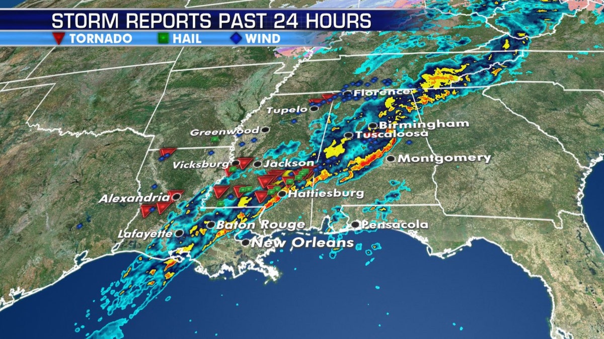 Storm reports, suspected tornadoes on Monday across the Southeast.