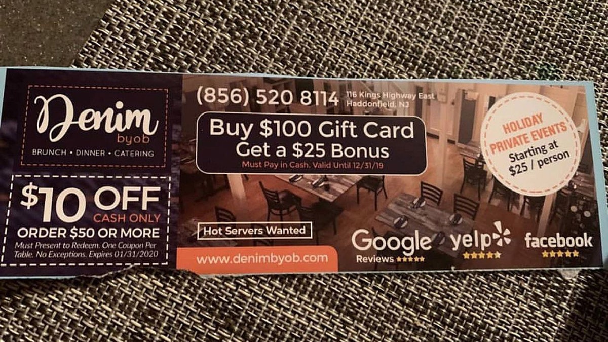 The coupon offering $10 off of cash-only orders $50 and publicizing a gift card deal is said to have been mailed to over 30,000 homes in the Haddonfield and Cherry Hill areas