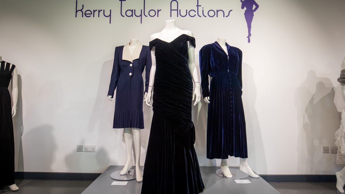 Princess Diana's iconic 'Travolta Dress' (center) at Kerry Taylor Auctions.