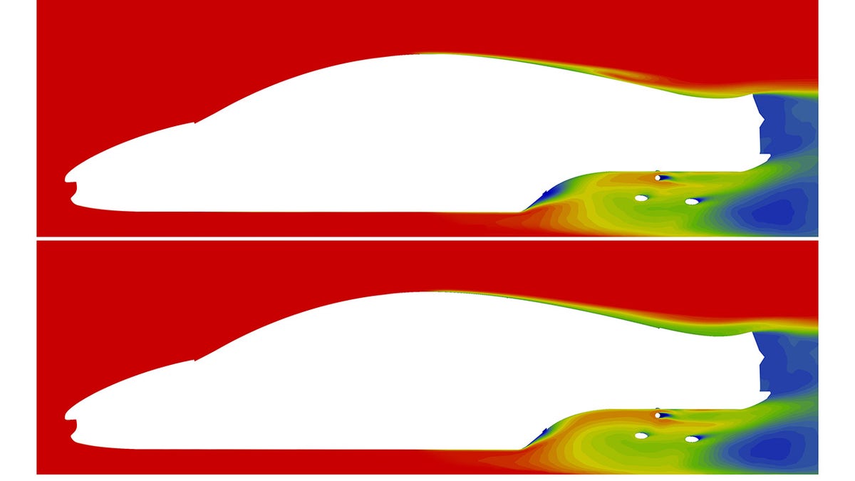 Pressure plots show the difference in airflow when the fan is off (top) and on (bottom).