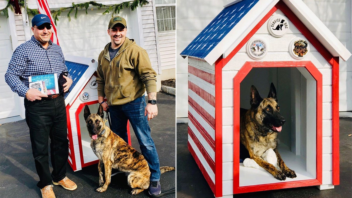 Lou DiBella, left, built a patriotic doghouse for Hackettstown Police Department K-9 Jada and her partner Ptl. Christopher Laver, an Iraq War vet.