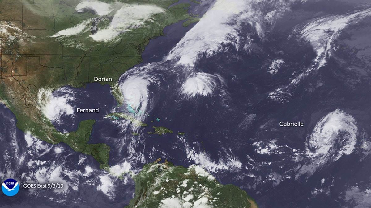 Hurricane Dorian can be seen churning off the southeast coast of the U.S. on Sept. 3, 2019, in this satellite photo.