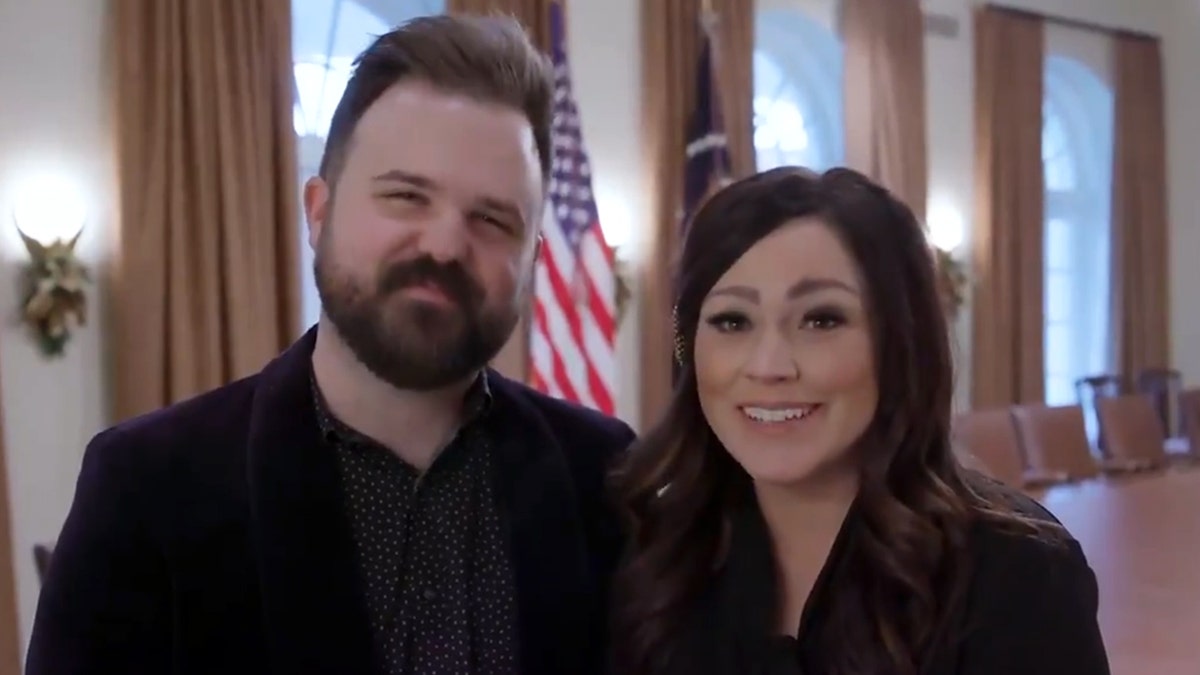 Nashville worship leaders and married couple, Cody Carnes and Kari Jobe, in the Cabinet Room of the White House after praying for President Trump.