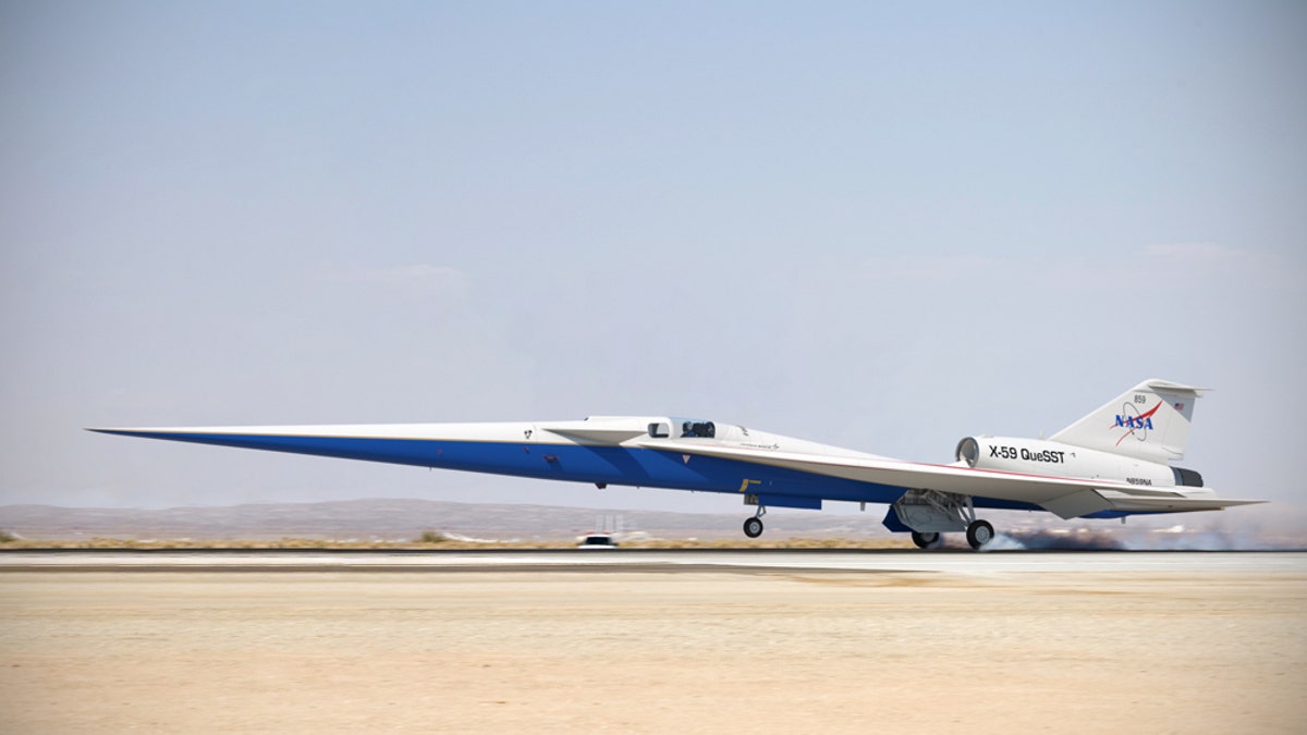 Illustration of the completed X-59 QueSST landing on a runway. (Credit: Lockheed Martin)