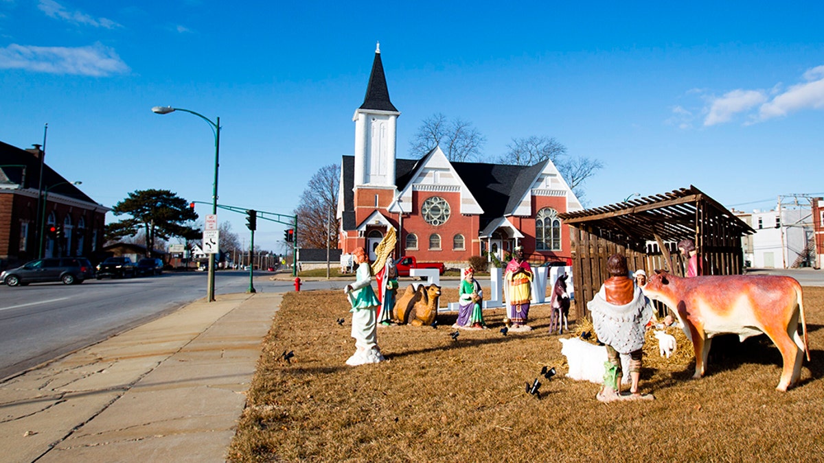 This Dec. 10, 2019, photo shows a relocated nativity scene in Centerville, Iowa. Many residents of the small southern Iowa city have been angered by a decision to move a nativity scene from the courthouse lawn. (Kyle Ocker/The Daily Iowegian via AP)