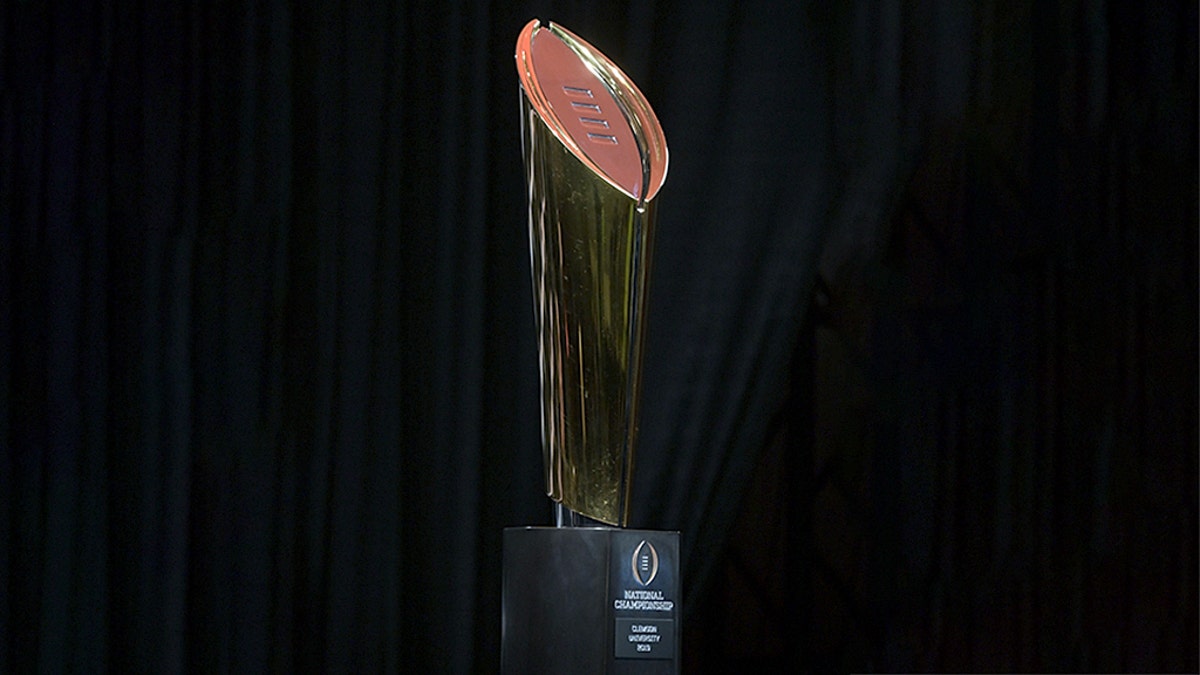 Jan 8, 2019; San Jose, CA, USA; Detailed view of the 2019 College Football Playoff championship trophy at a press conference at the San Jose McEnery Convention Center. Clemson defeated Alabama 44-16 to win its second national title in three years. Mandatory Credit: Kirby Lee-USA TODAY Sports - 11961694
