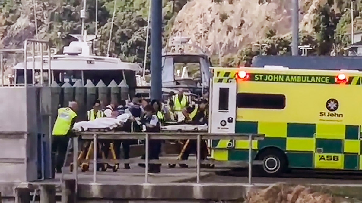 In this image made from video, injured from White Island volcanic eruption are ferried into waiting ambulances in Whakatane, New Zealand, Monday, Dec. 9, 2019. (Katee Shanls/NZME via AP)