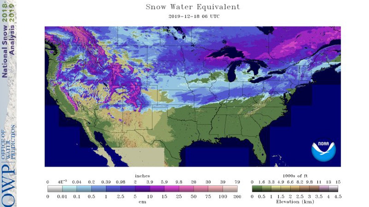 Estimated satellite derived snow cover across the U.S. as of Dec. 18, 2019.