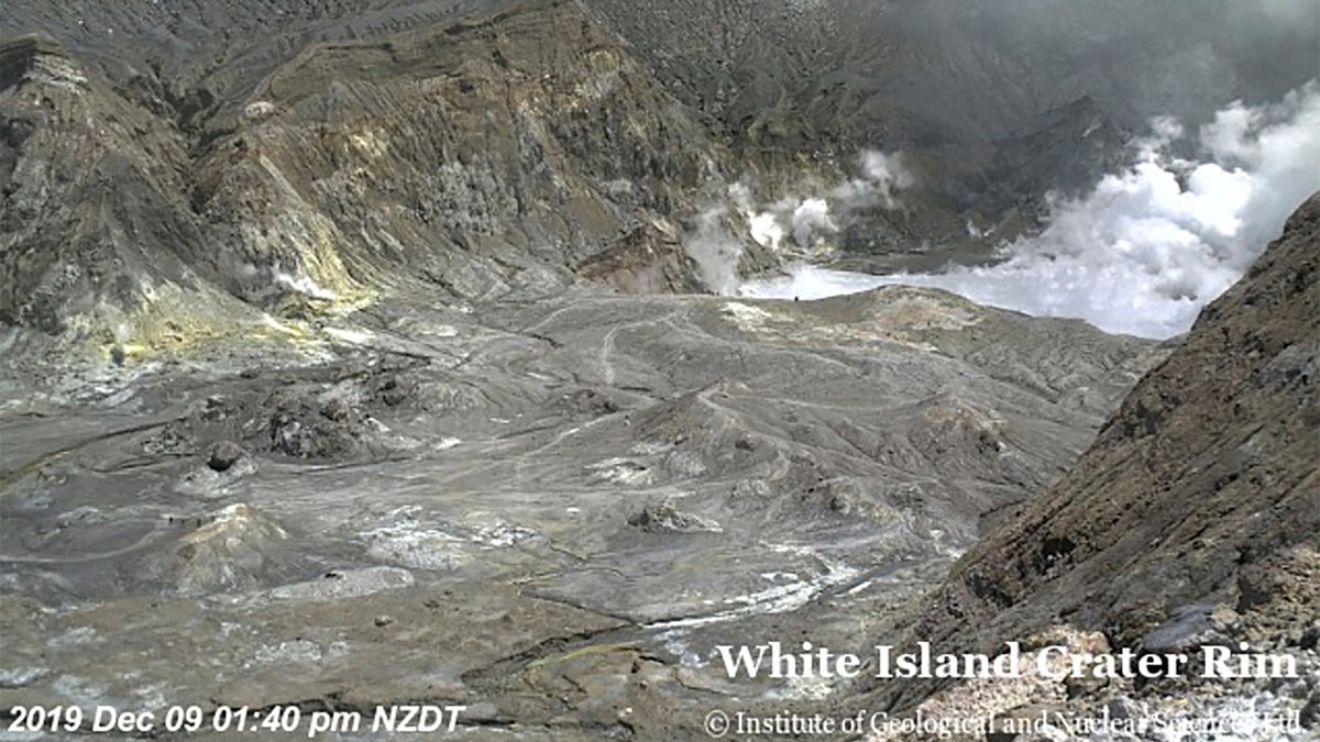 In this image released by GeoNet, tourists can be seen near the volcano's crater Monday, Dec. 9, 2019, on White Island, New Zealand.