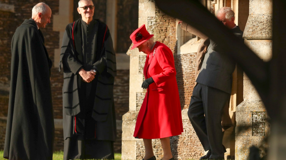 Queen Elizabeth II arrives for the Christmas Day service at St. Mary Magdalene Church in Sandringham in Norfolk, England, on Dec. 25, 2019.