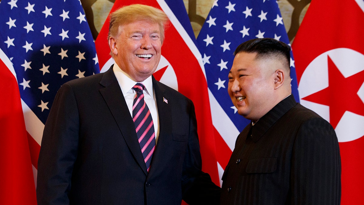 FILE - In this Feb. 27, 2019 file photo, President Donald Trump, left, meets North Korean leader Kim Jong Un, in Hanoi. (AP Photo/Evan Vucci, File)