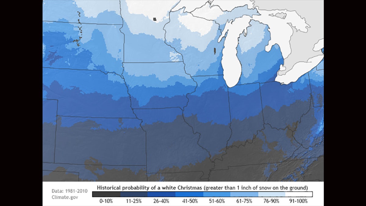 The probability of seeing a white Christmas in the Midwest, as seen in this map from NOAA.