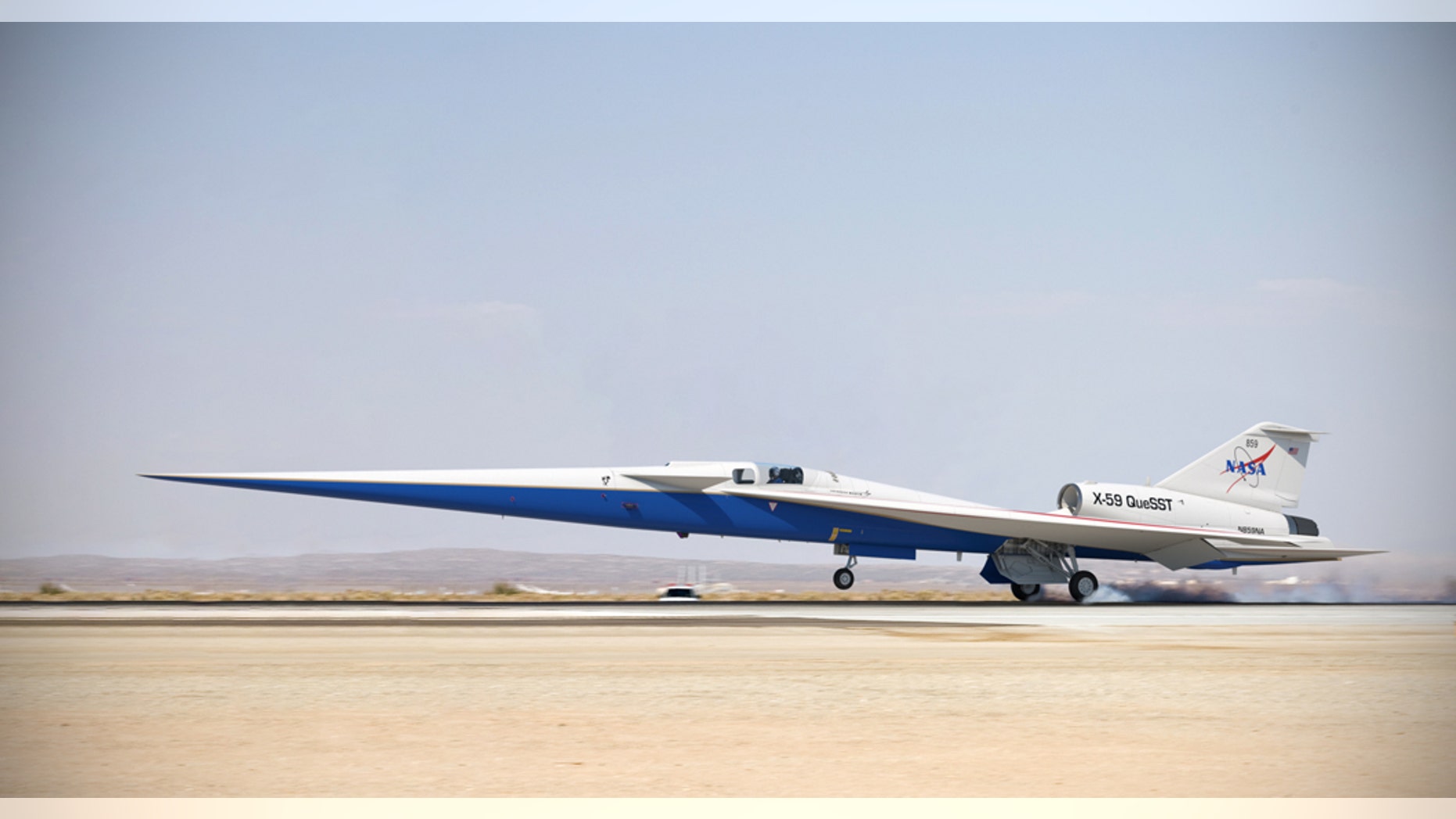 Illustration of the completed X-59 QueSST landing on a runway. (Credit: Lockheed Martin)