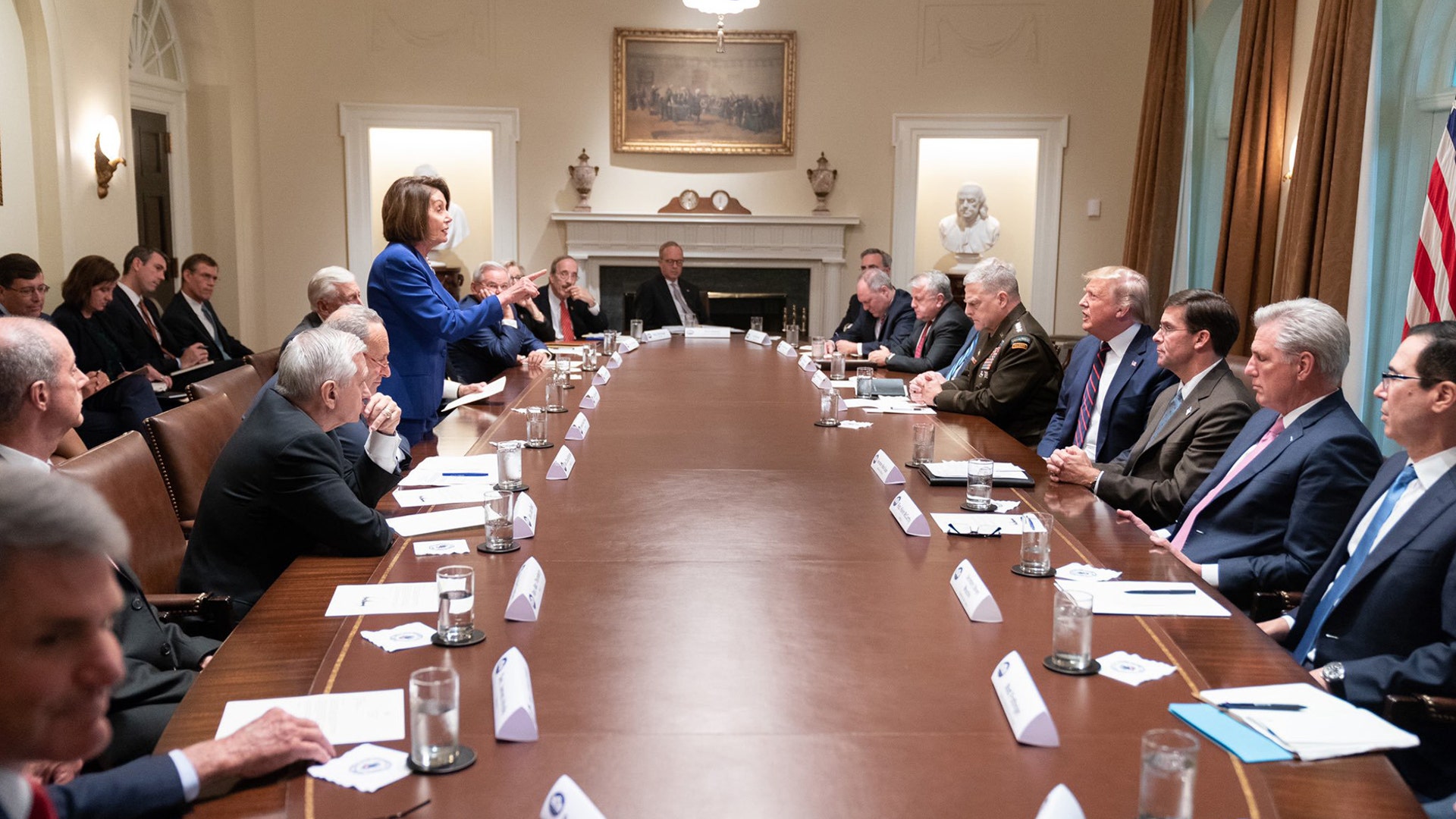 Speaker of the House, Nancy Pelosi gestures at President Trump during a meeting to discuss the withdrawal of U.S. forces from Syria at the White House in Washington, October 16, 2019.