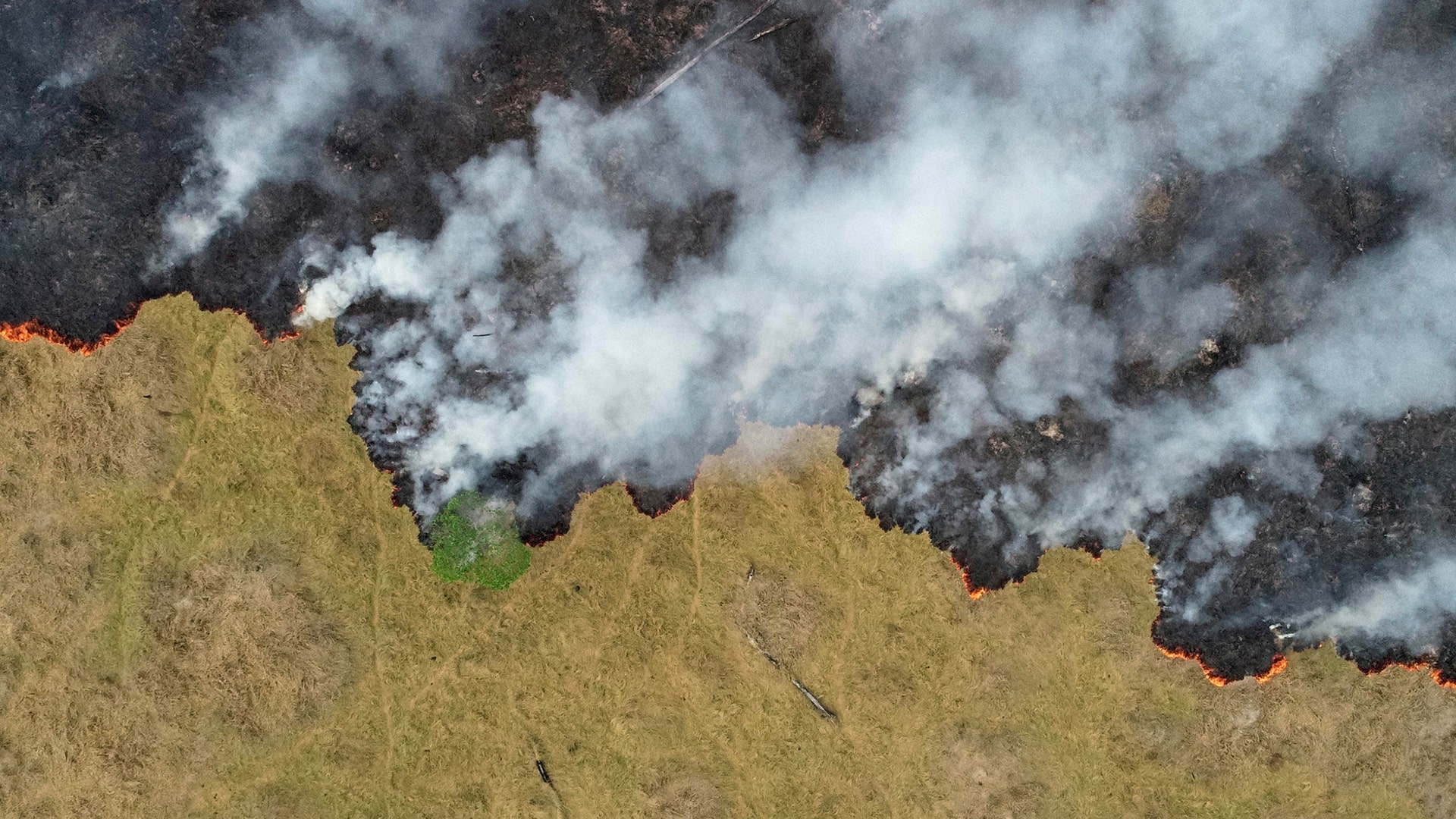 An aerial view shows smoke rising over a deforested plot of the Amazon jungle in Porto Velho, Rondonia State, Brazil, Aug. 24, 2019. 
