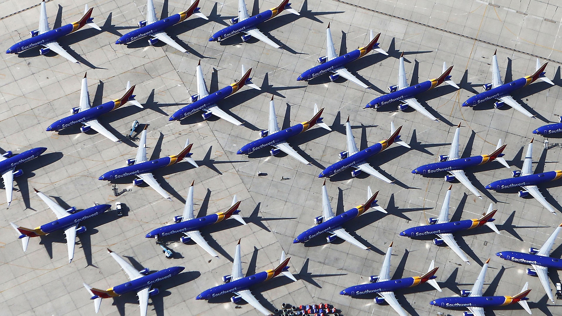 A number of Southwest Airlines Boeing 737 MAX aircraft are parked at Southern California Logistics Airport in Victorville, California, March 27, 2019.