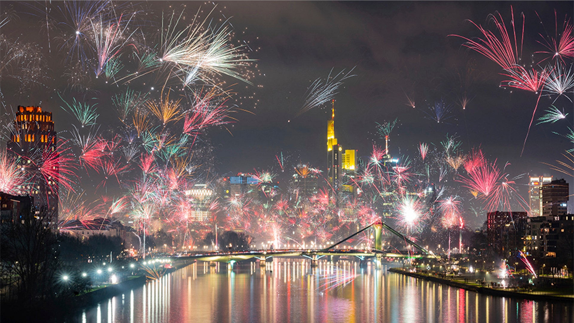 Frankfurt, Germany: Fireworks light the sky during New Year celebration. (Andreas Arnold/dpa via AP)