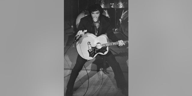 Elvis Presley performs on stage at the International Hotel in Las Vegas, Nevada, in 1969.