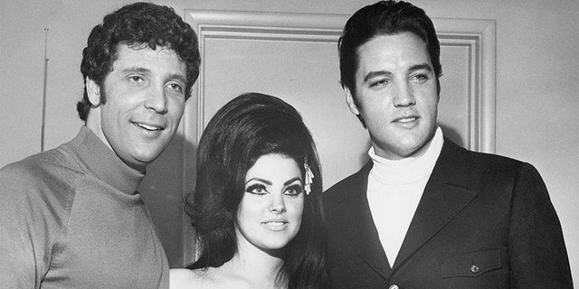 Left to right: Tom Jones, Priscilla Presley and her husband Elvis Presley in Las Vegas.