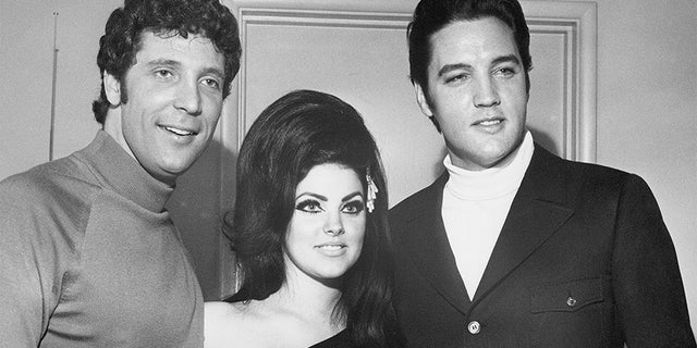 Left to right: Tom Jones, Priscilla Presley and her husband Elvis Presley in Las Vegas.