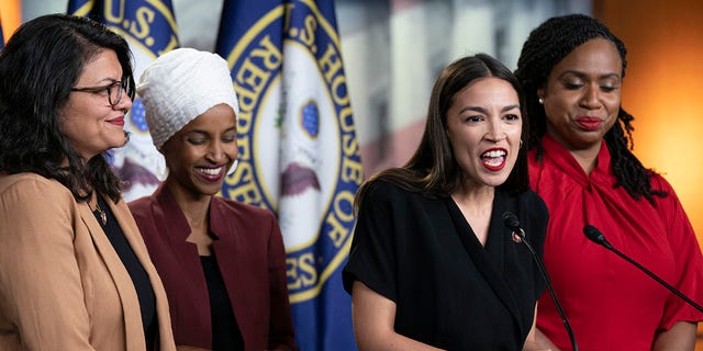The freshmen Democrats known as "The Squad." From left are U.S. Reps. Rashida Tlaib, D-Mich.; Ilhan Omar, D-Minn.; Alexandria Ocasio-Cortez, D-N.Y.; and Ayanna Pressley, D-Mass. They are seen at a news conference at the Capitol in Washington, July 15, 2019. (Associated Press)