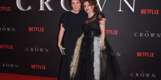 Olivia Colman and Helena Bonham Carter attend the premiere of "The Crown" Season 3 at The Curzon Mayfair in London, England.
