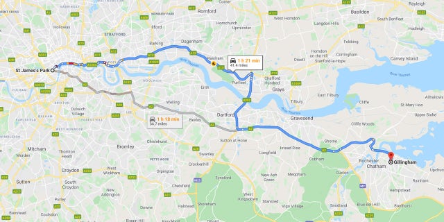 The ride from London to Gillingham, Kent is typically around 40 miles.