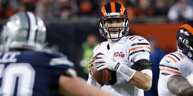 Chicago Bears quarterback Mitchell Trubisky (10) looks to throw during the first half of an NFL football game against the Dallas Cowboys, Thursday, Dec. 5, 2019, in Chicago. (Associated Press)