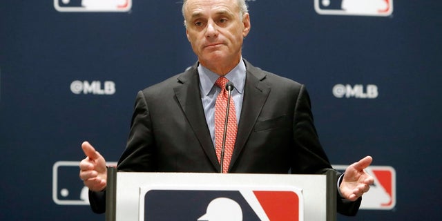 MLB commissioner Rob Manfred at the owners meeting in Arlington, Texas last month (AP Photo/LM Otero)