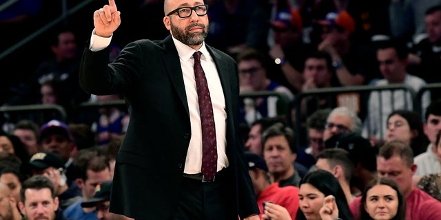 New York Knicks coach David Fizdale reacts during the first half of the team's NBA basketball game against the Philadelphia 76ers on Friday, Nov. 29, 2019, in New York. Fizdale was fired after back-to-back blowout losses, according to media reports. (AP Photo/Steven Ryan)