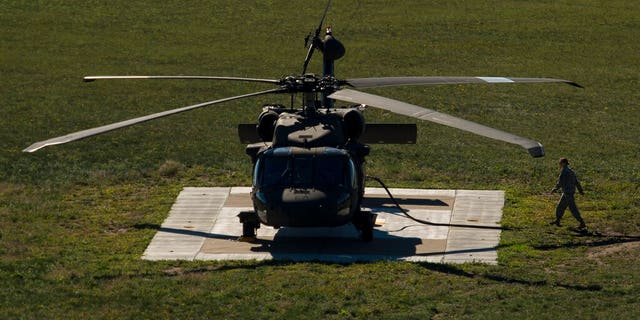 A Black Hawk helicopter being refueled at Camp Ripley in northern Minnesota.