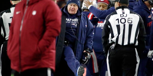 New England Patriots head coach Bill Belichick, center, argues a call in the second half of an NFL football game against the Kansas City Chiefs, Sunday. (AP Photo/Elise Amendola)