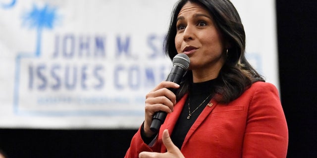 Democratic presidential candidate U.S. Rep. Tulsi Gabbard, D-Hawaii speaks to Democrats gathered at the Spratt Issues Conference in Greenville, S.C., Saturday, Dec. 14, 2019. Gabbard voted 