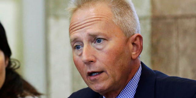 FILE - In this Jan. 14, 2016, file photo, then state Sen. Jeff Van Drew, D-Cape May Court House, speaks at a Senate Budget and Appropriations Committee meeting in Trenton, N.J. (AP Photo/Mel Evans, File)